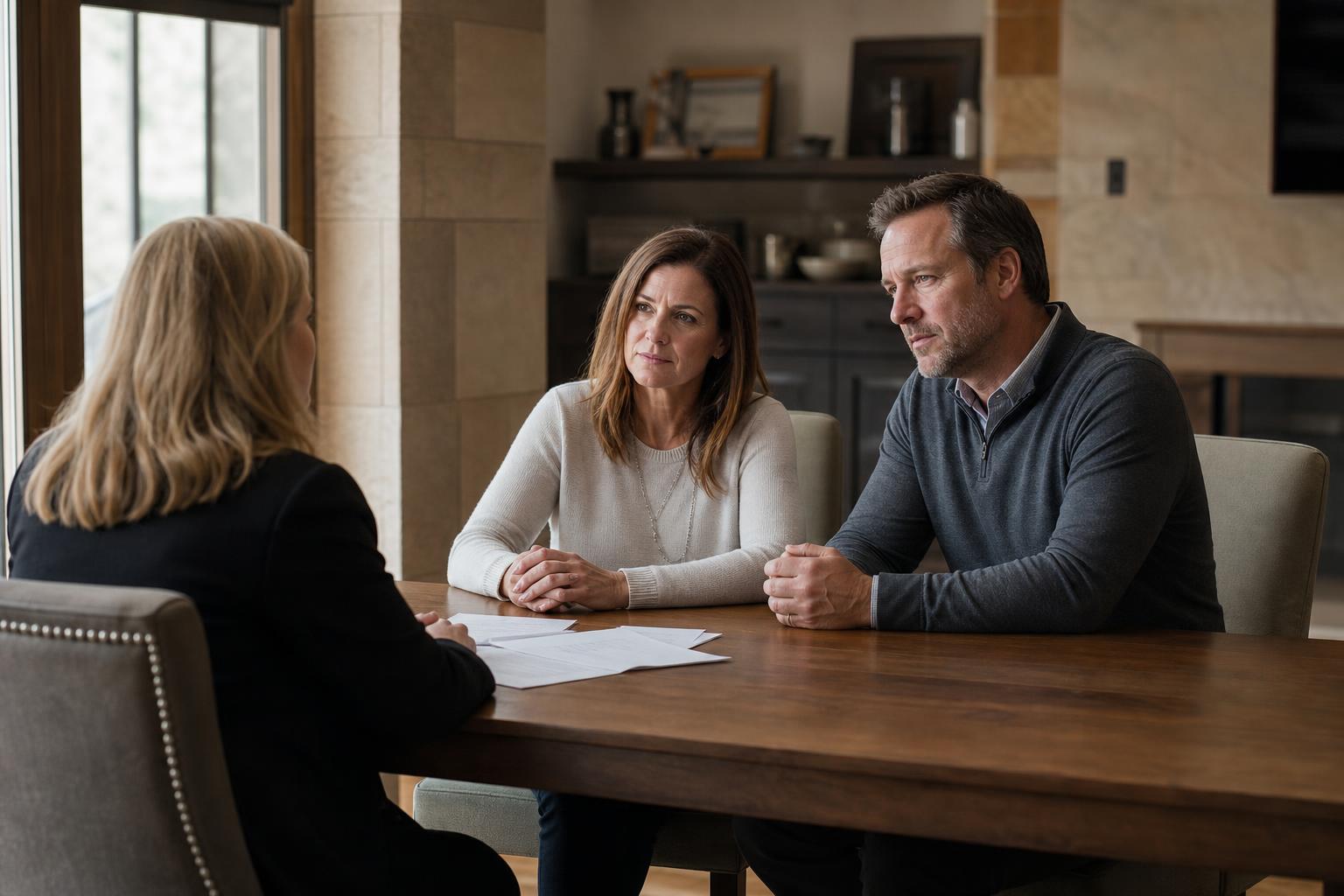 Couple in their mid-40s having a private financial planning conversation with an advisor