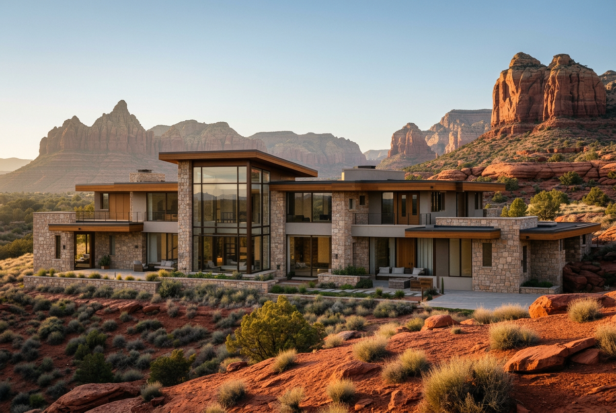 Modern family home set against a red rock landscape at golden hour