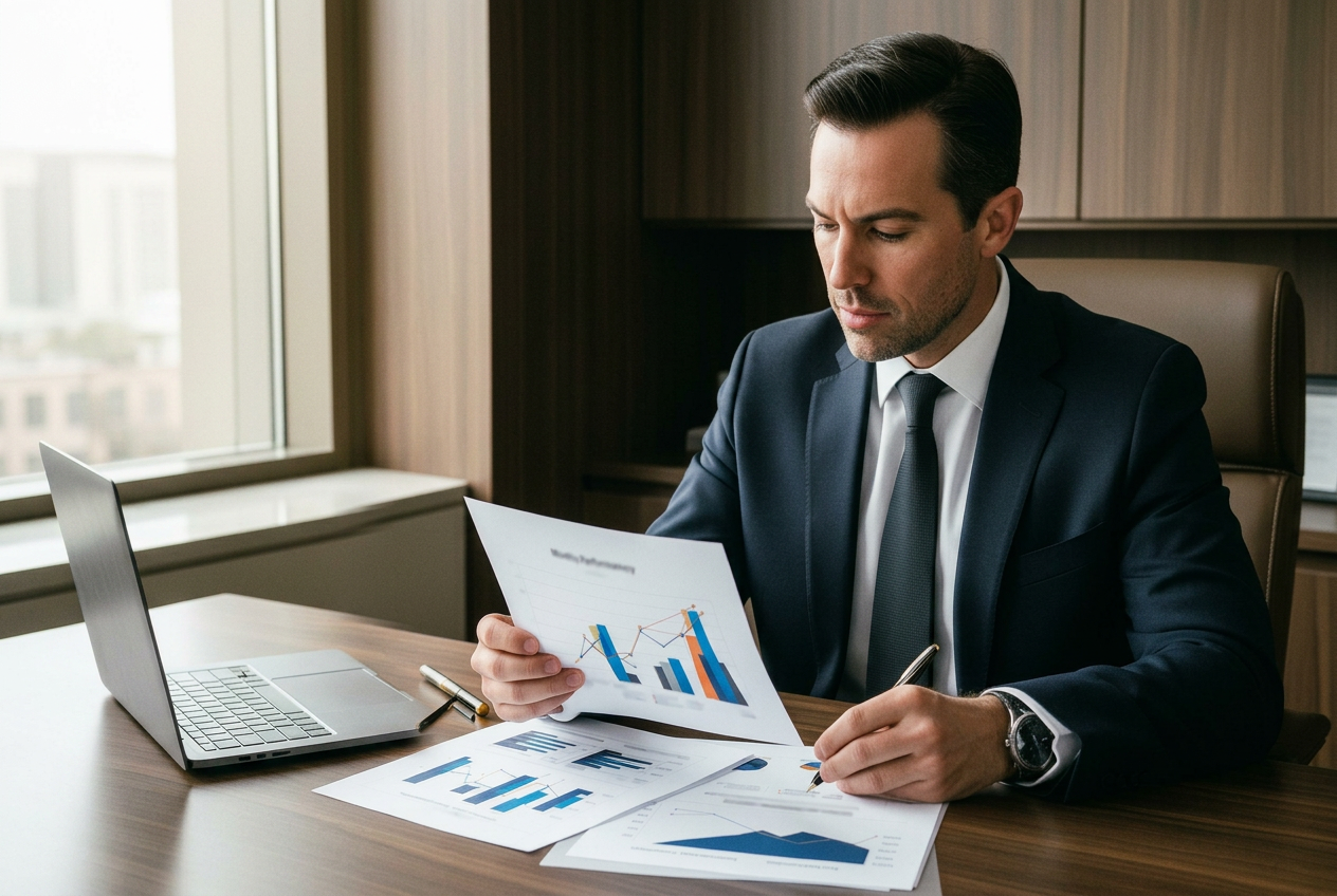 Performance-based professional reviewing financial results in a private office